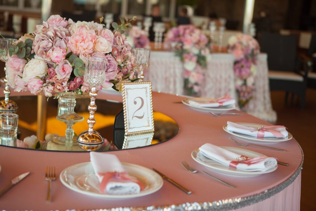 Table with beautiful wedding decoration. Flowers, floral decor